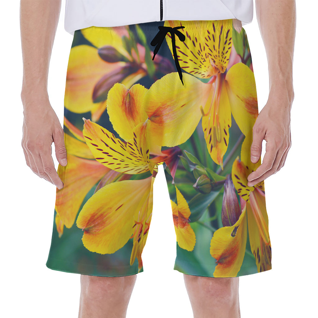 Yellow Alstroemeria Print Men's Beach Shorts