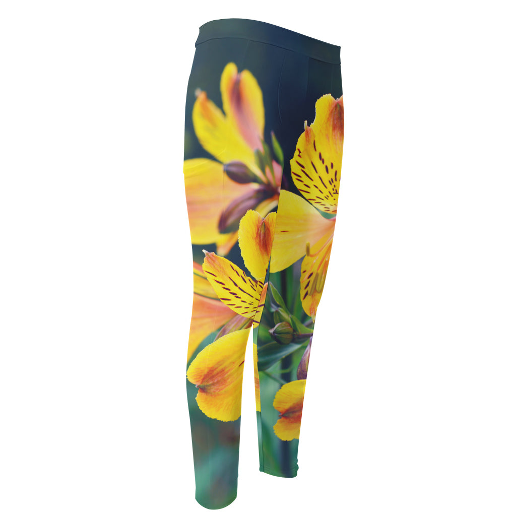 Yellow Alstroemeria Print Men's Compression Pants