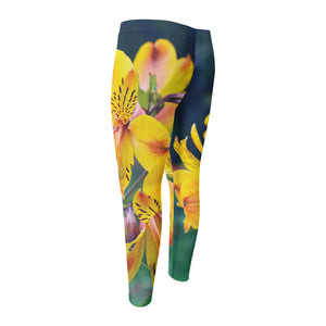 Yellow Alstroemeria Print Men's Compression Pants