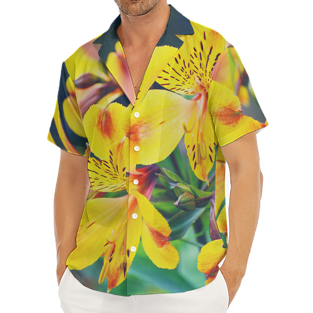 Yellow Alstroemeria Print Men's Deep V-Neck Shirt