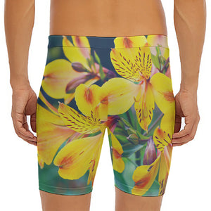 Yellow Alstroemeria Print Men's Long Boxer Briefs