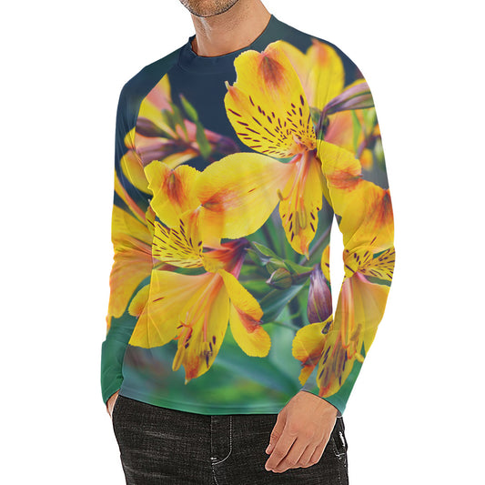 Yellow Alstroemeria Print Men's Long Sleeve Rash Guard