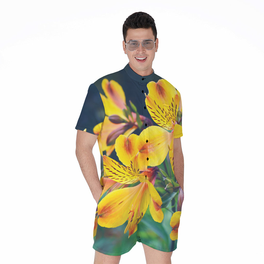 Yellow Alstroemeria Print Men's Rompers