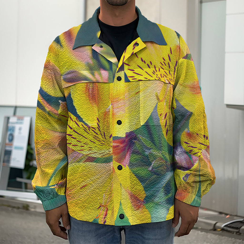 Yellow Alstroemeria Print Men's Shirt Jacket