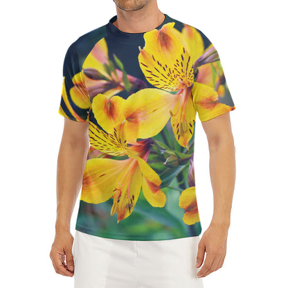 Yellow Alstroemeria Print Men's Short Sleeve Rash Guard