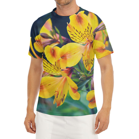 Yellow Alstroemeria Print Men's Short Sleeve Rash Guard