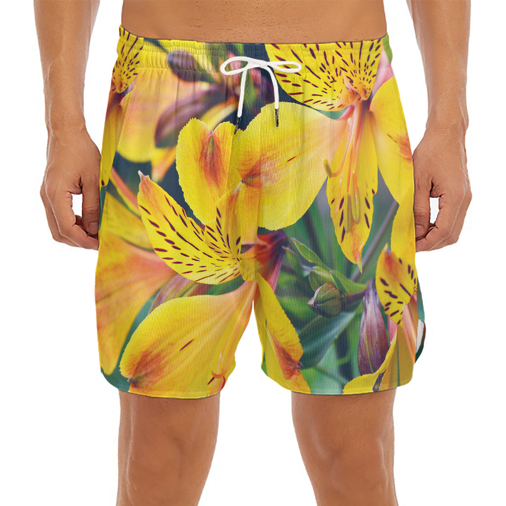 Yellow Alstroemeria Print Men's Split Running Shorts