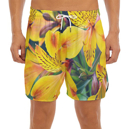 Yellow Alstroemeria Print Men's Split Running Shorts