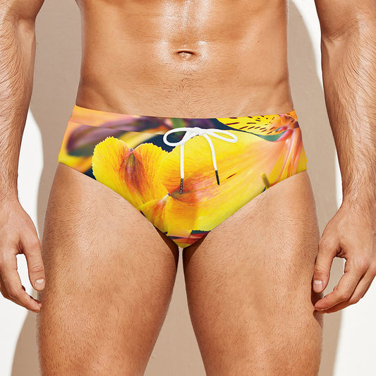 Yellow Alstroemeria Print Men's Swim Briefs