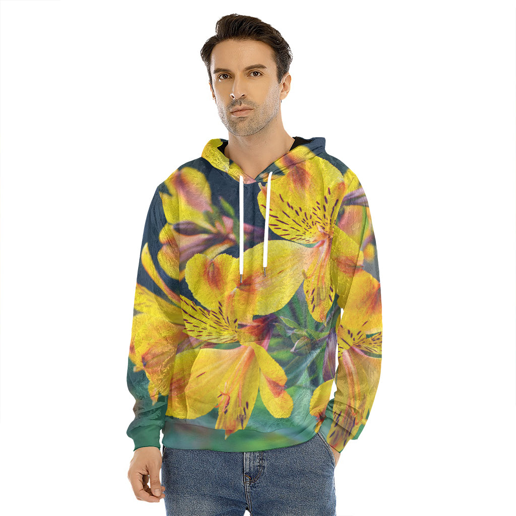 Yellow Alstroemeria Print Men's Velvet Pullover Hoodie