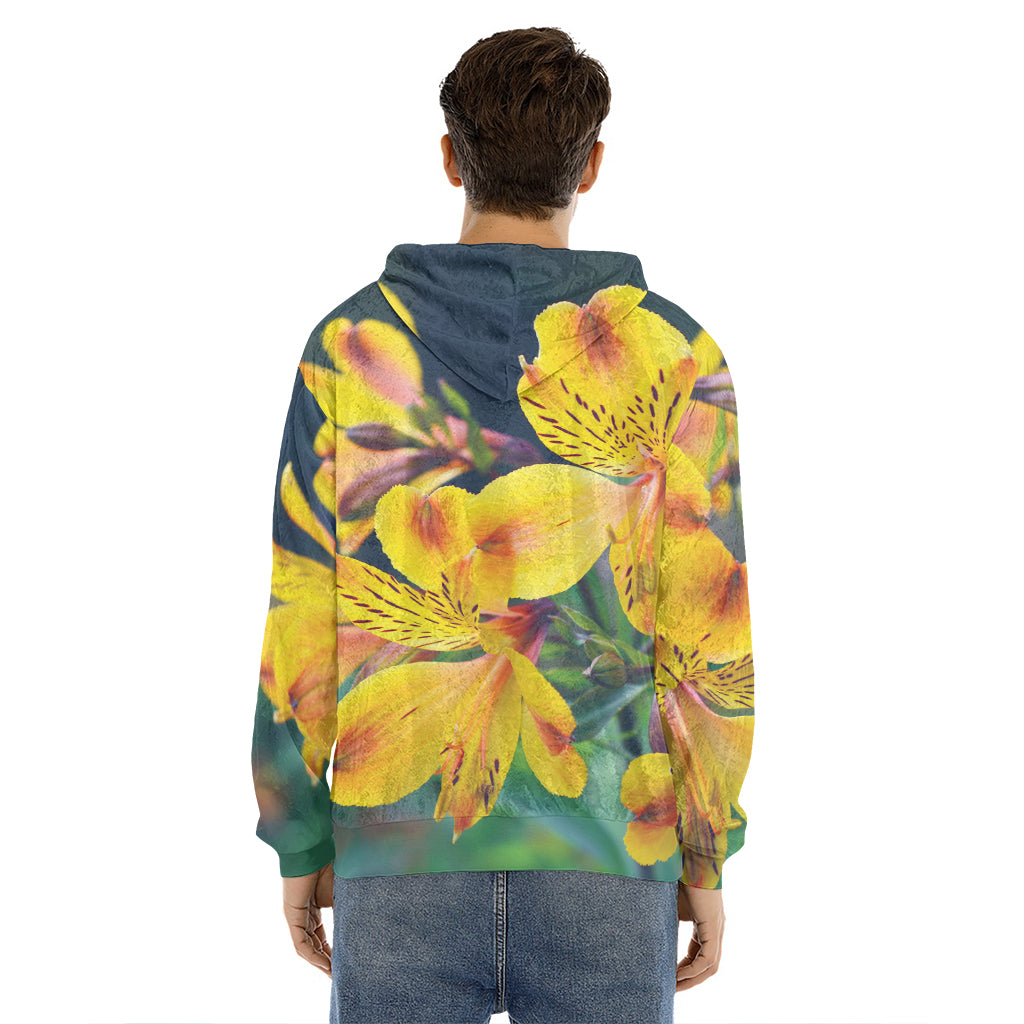 Yellow Alstroemeria Print Men's Velvet Pullover Hoodie