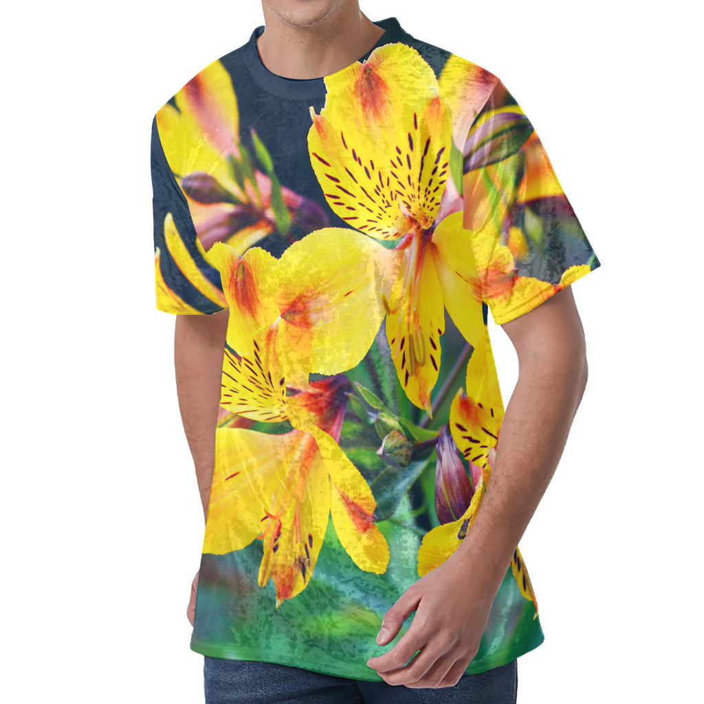 Yellow Alstroemeria Print Men's Velvet T-Shirt