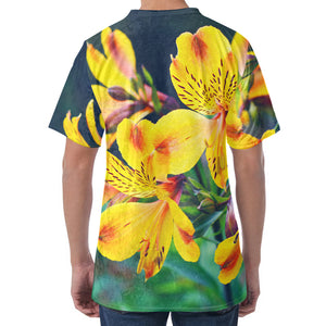 Yellow Alstroemeria Print Men's Velvet T-Shirt