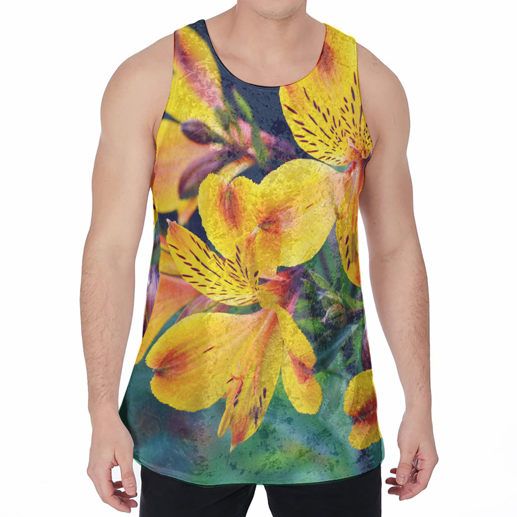 Yellow Alstroemeria Print Men's Velvet Tank Top