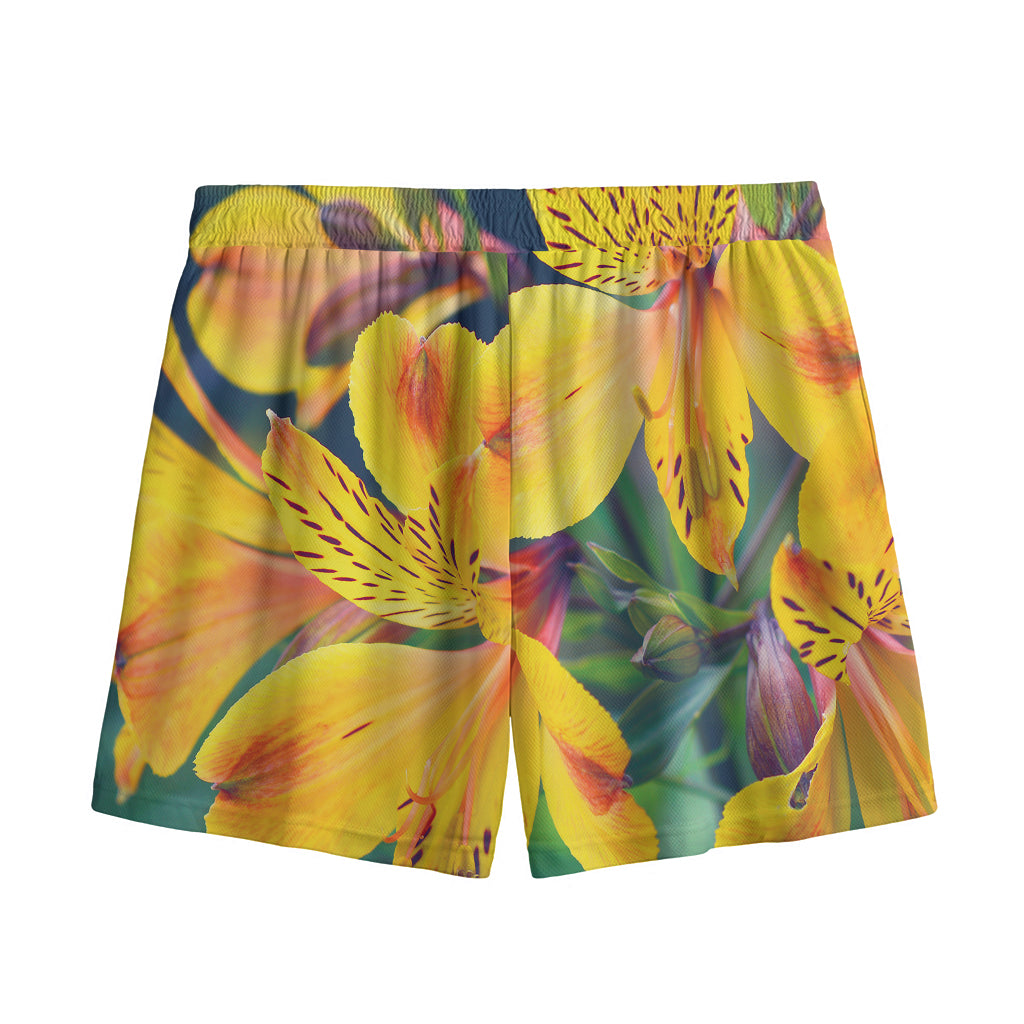 Yellow Alstroemeria Print Mesh Shorts