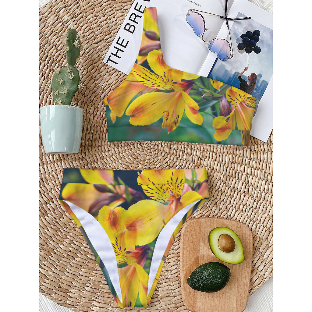 Yellow Alstroemeria Print One Shoulder Bikini Top