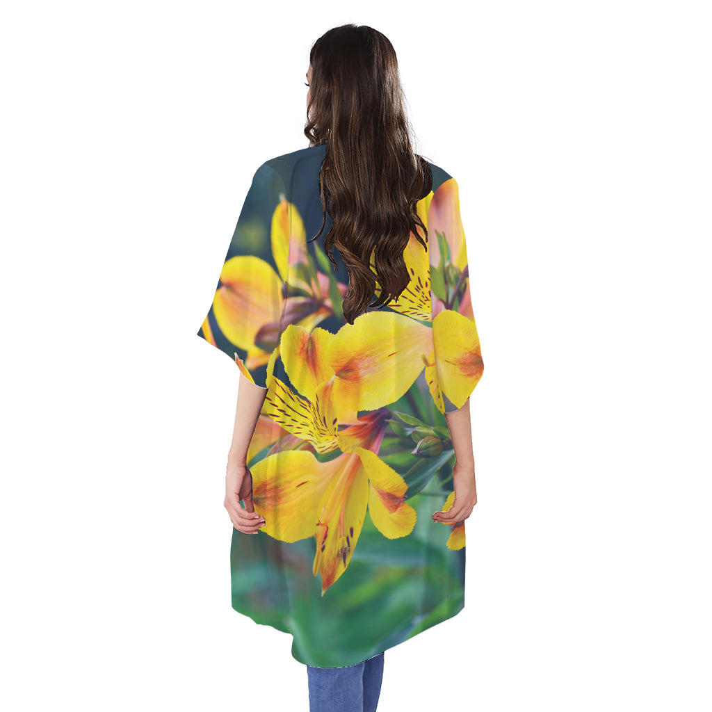 Yellow Alstroemeria Print Open Front Beach Cover Up