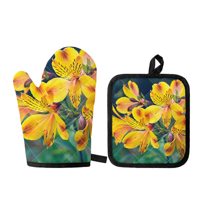 Yellow Alstroemeria Print Oven Mitt And Pot Holder Set