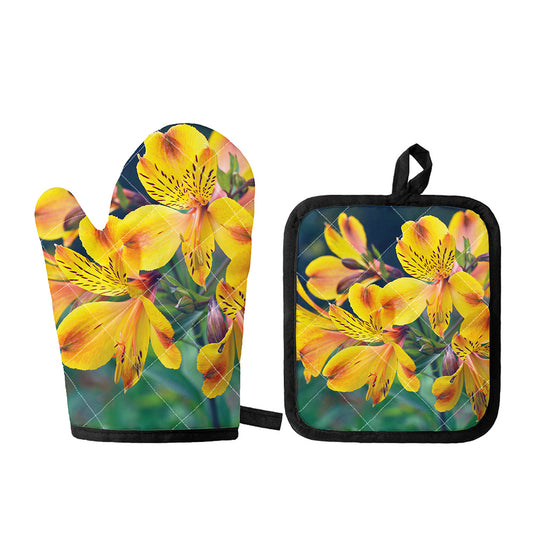 Yellow Alstroemeria Print Oven Mitt And Pot Holder Set