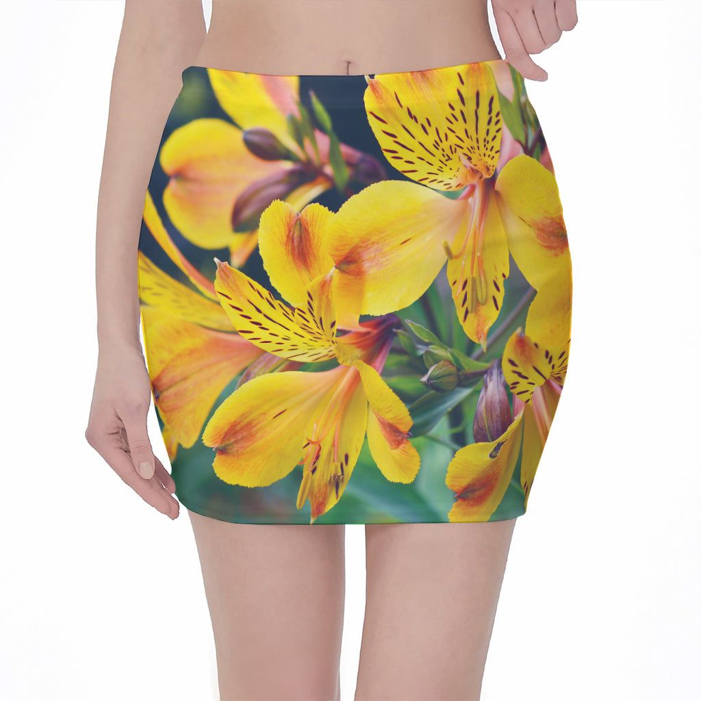 Yellow Alstroemeria Print Pencil Mini Skirt