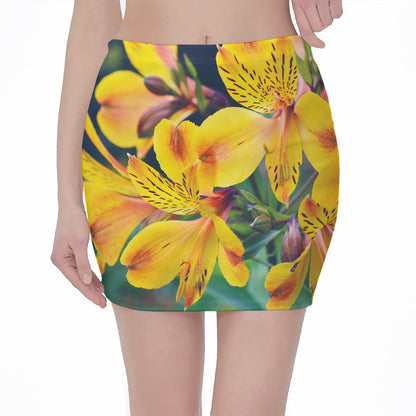 Yellow Alstroemeria Print Pencil Mini Skirt