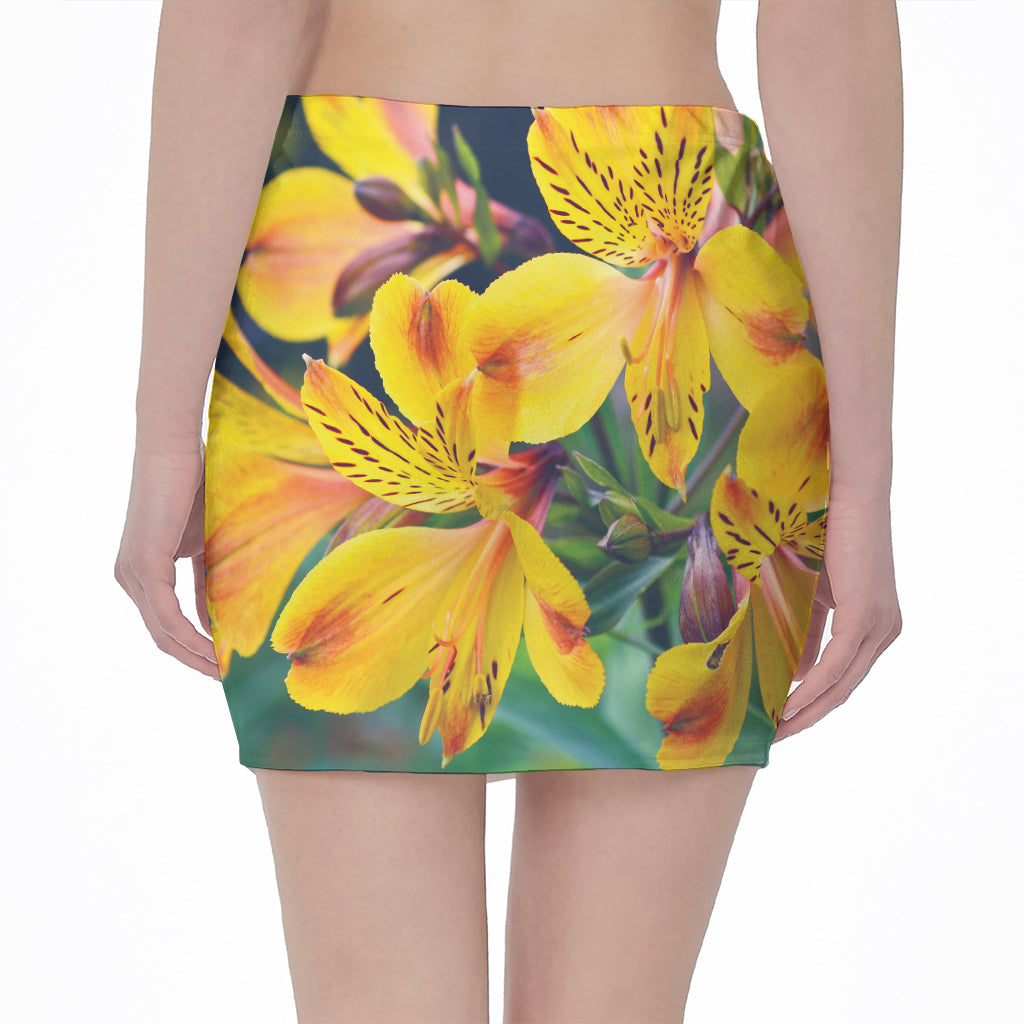 Yellow Alstroemeria Print Pencil Mini Skirt