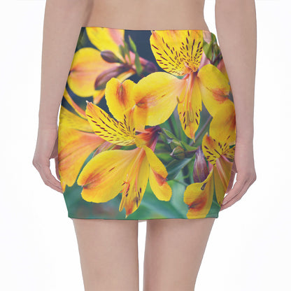 Yellow Alstroemeria Print Pencil Mini Skirt