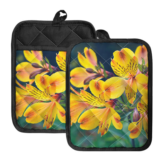 Yellow Alstroemeria Print Pot Holders With Pocket