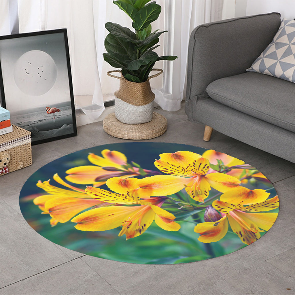 Yellow Alstroemeria Print Round Rug