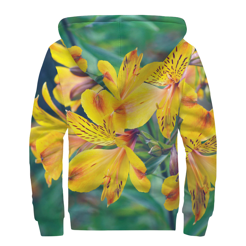 Yellow Alstroemeria Print Sherpa Lined Zip Up Hoodie