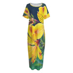 Yellow Alstroemeria Print Short Sleeve Long Nightdress