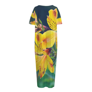 Yellow Alstroemeria Print Short Sleeve Long Nightdress