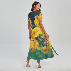 Yellow Alstroemeria Print Short Sleeve Maxi Dress