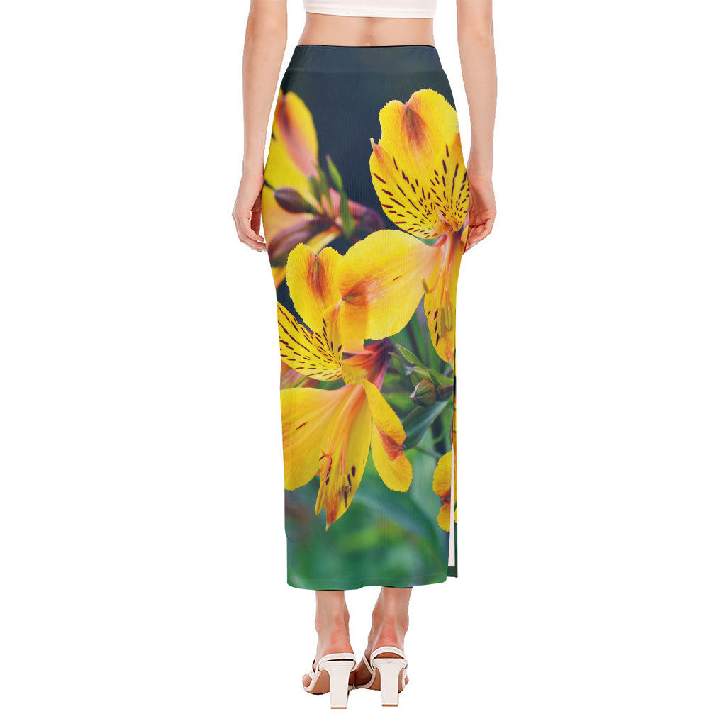 Yellow Alstroemeria Print Side Slit Maxi Skirt