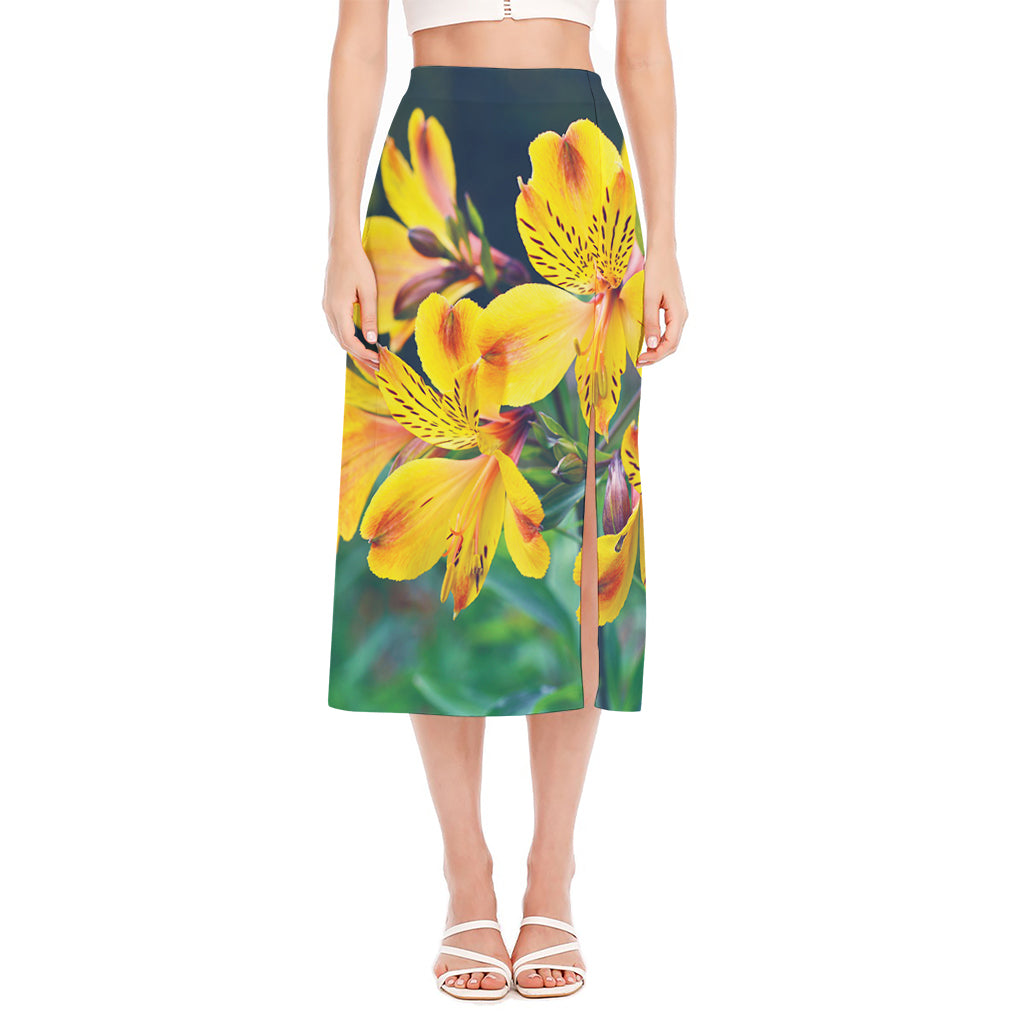 Yellow Alstroemeria Print Side Slit Midi Skirt