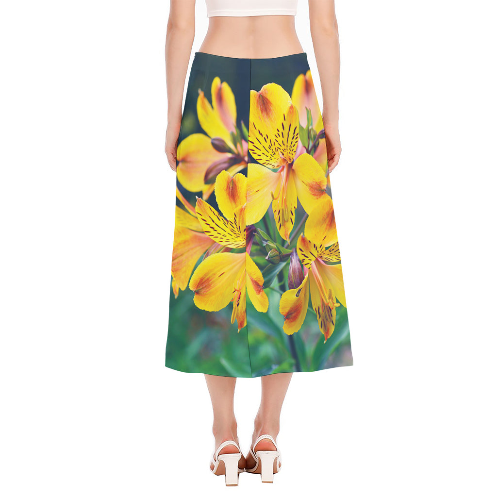 Yellow Alstroemeria Print Side Slit Midi Skirt