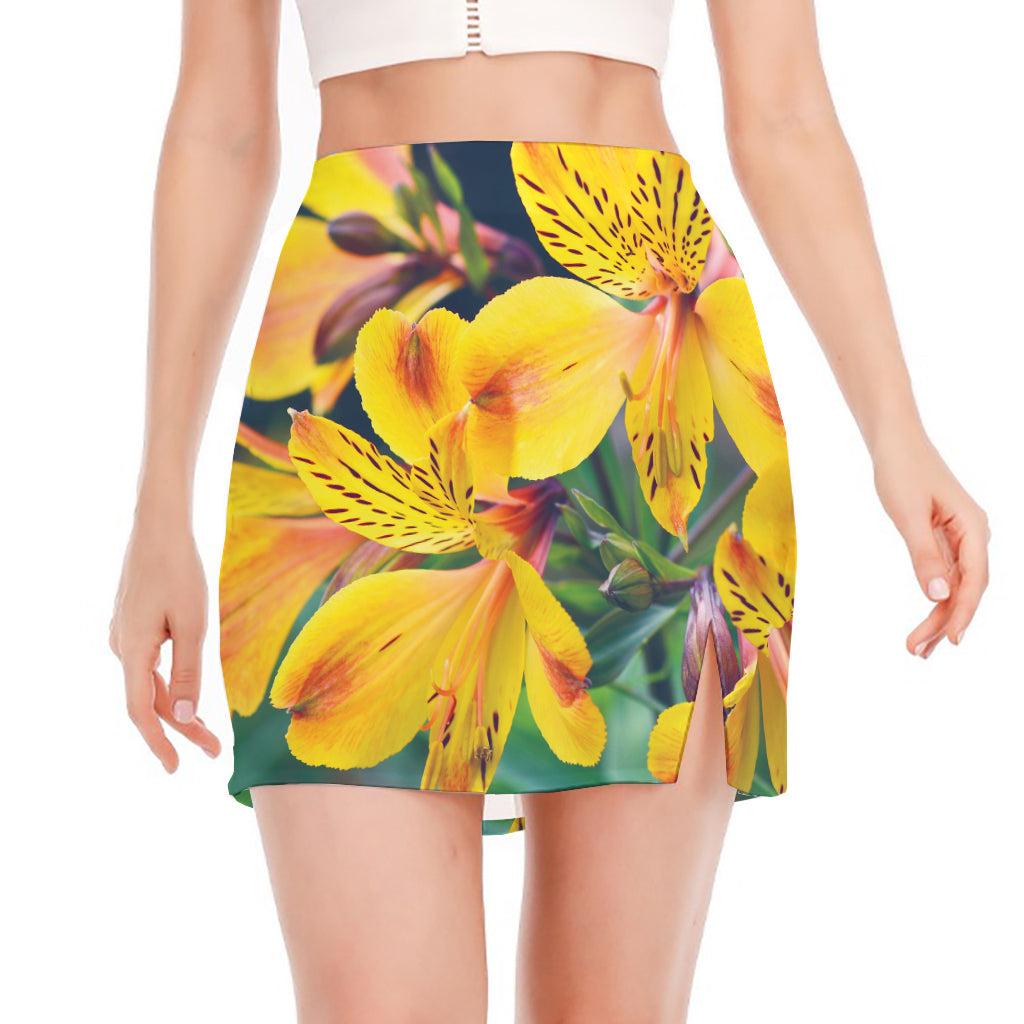 Yellow Alstroemeria Print Side Slit Mini Skirt