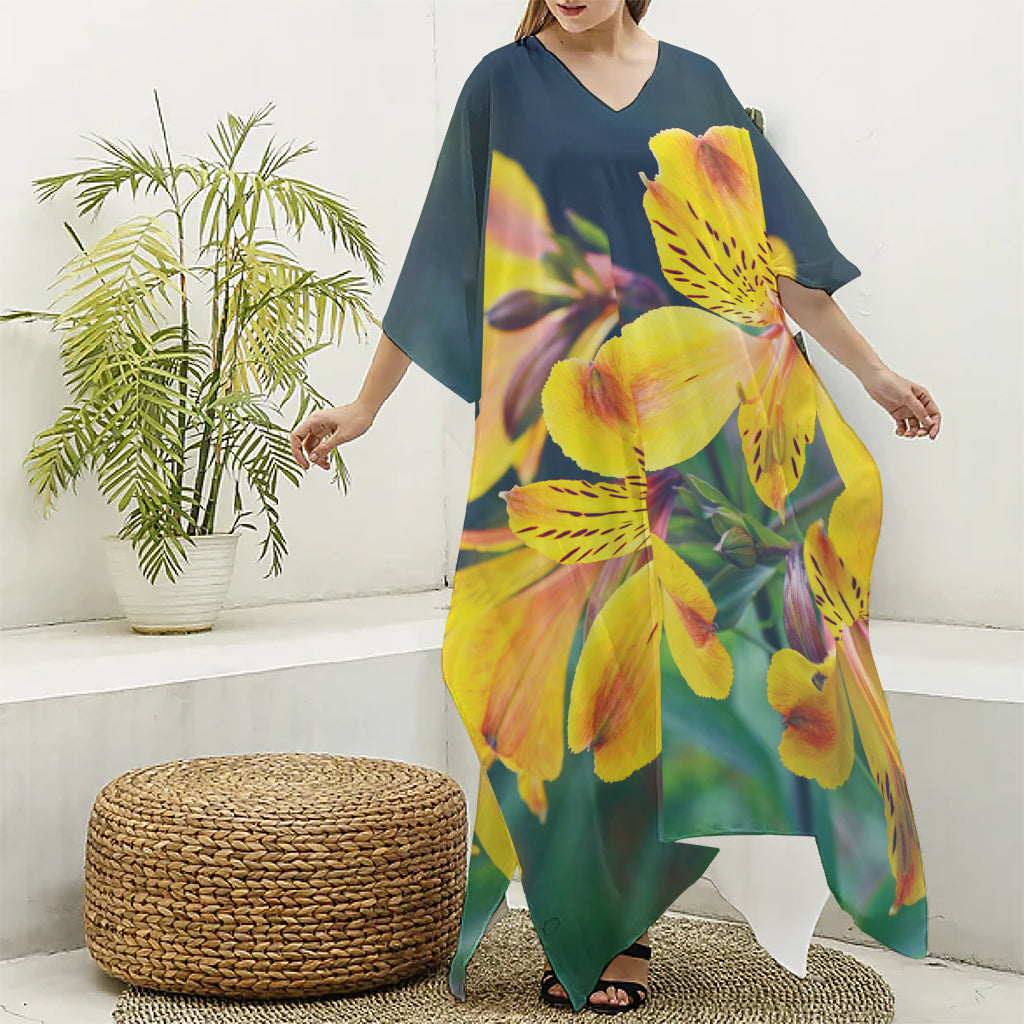 Yellow Alstroemeria Print Silk V-Neck Kaftan Dress