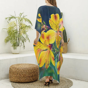 Yellow Alstroemeria Print Silk V-Neck Kaftan Dress