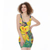 Yellow Alstroemeria Print Sleeveless Bodycon Dress