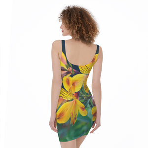 Yellow Alstroemeria Print Sleeveless Bodycon Dress