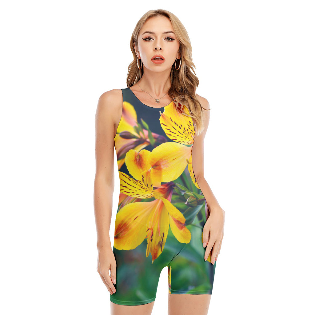 Yellow Alstroemeria Print Sleeveless One Piece Swimsuit