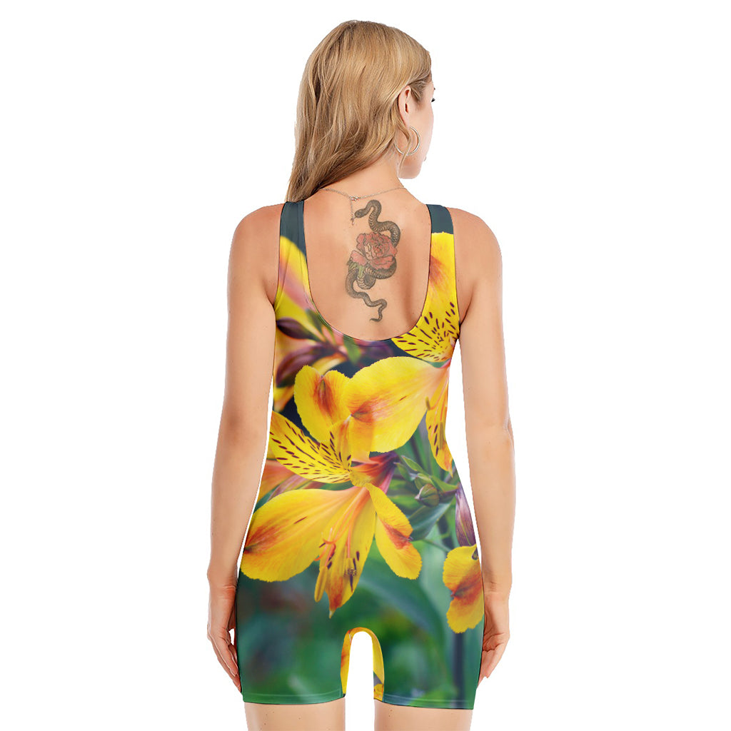 Yellow Alstroemeria Print Sleeveless One Piece Swimsuit