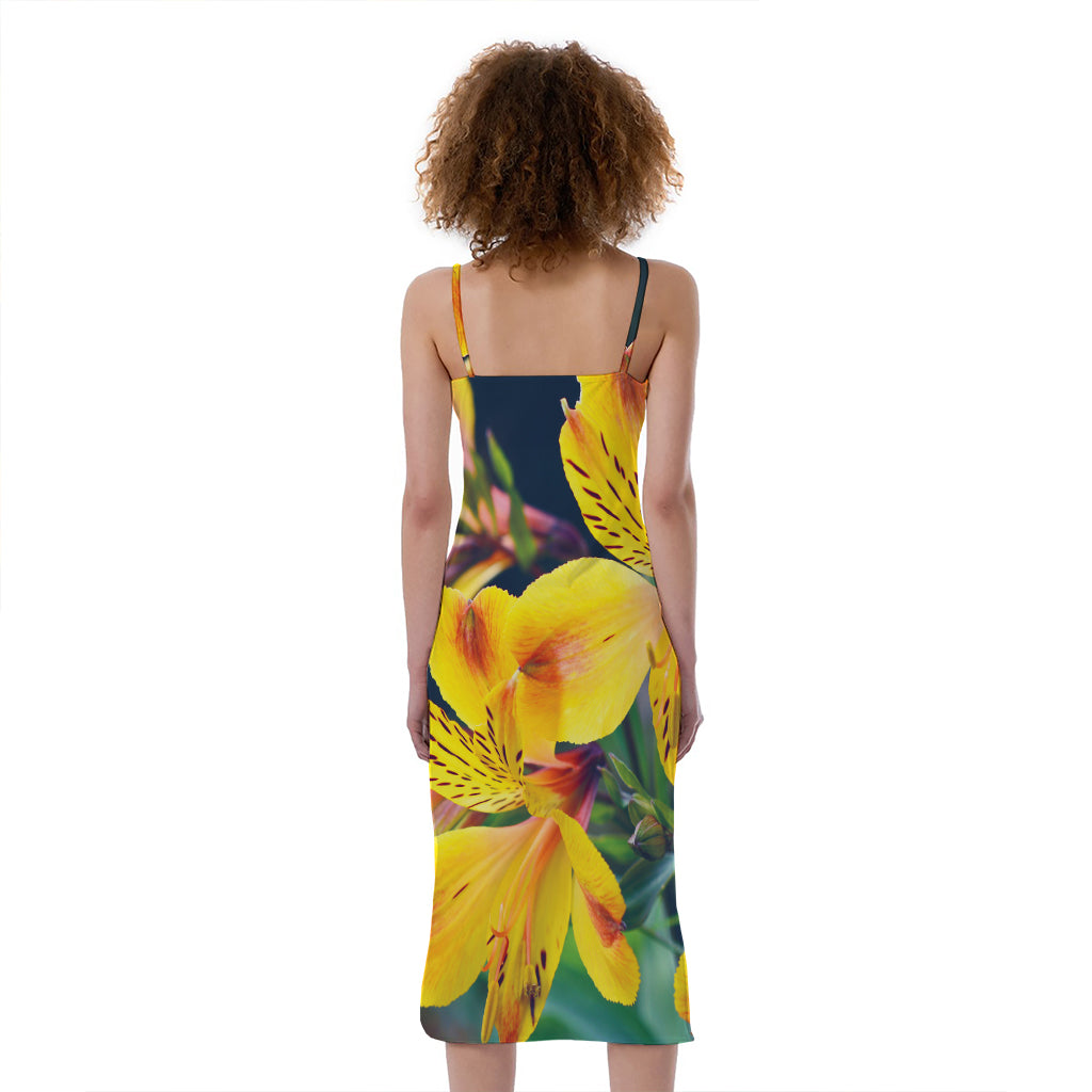 Yellow Alstroemeria Print Slim Fit Midi Cami Dress