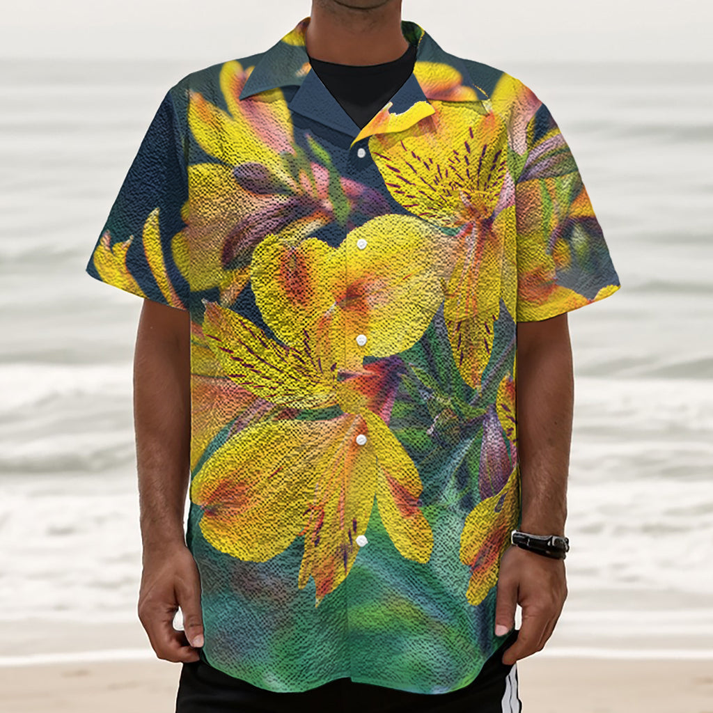 Yellow Alstroemeria Print Textured Short Sleeve Shirt