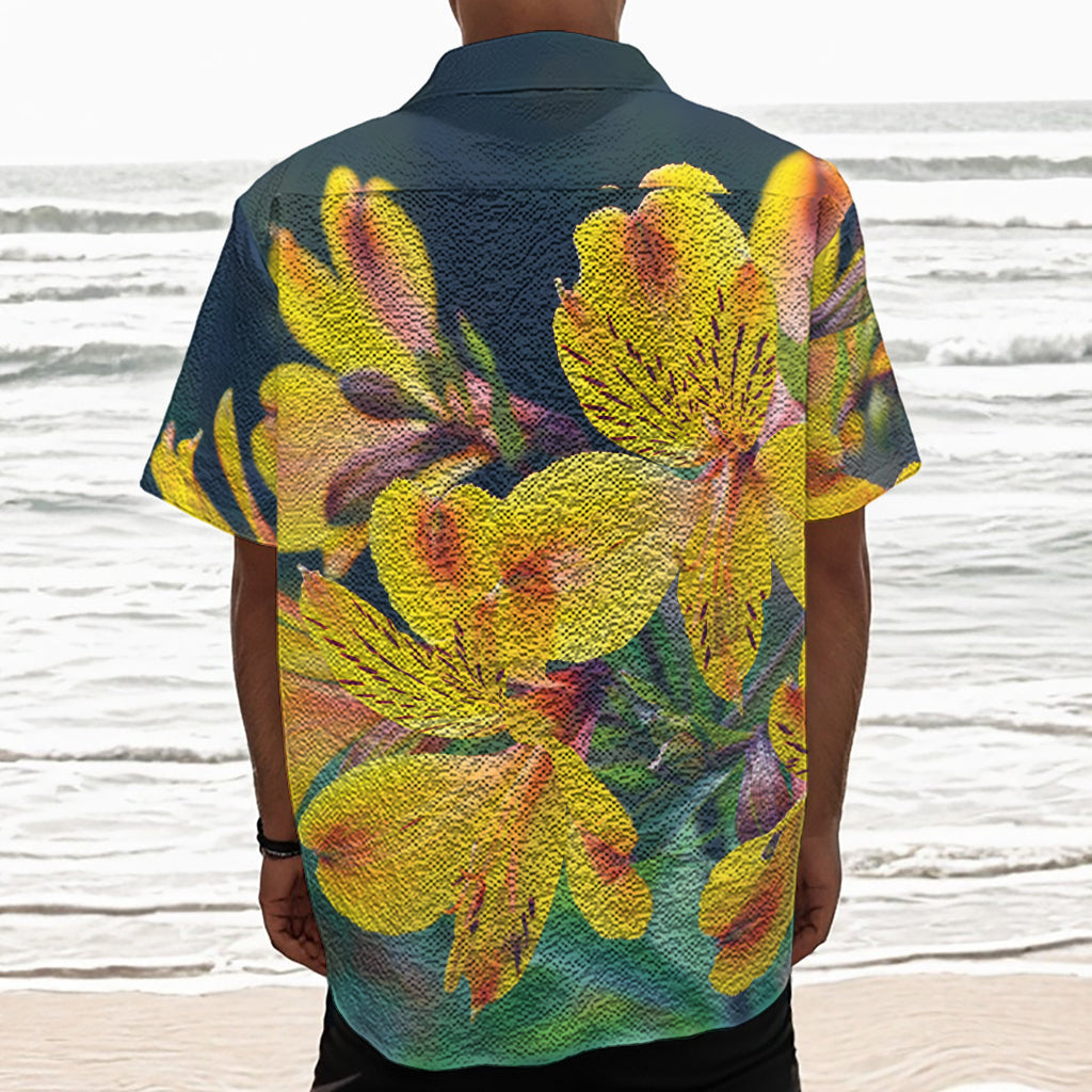 Yellow Alstroemeria Print Textured Short Sleeve Shirt