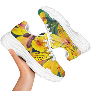 Yellow Alstroemeria Print White Chunky Shoes