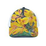 Yellow Alstroemeria Print White Mesh Trucker Cap