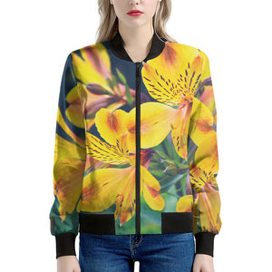 Yellow Alstroemeria Print Women's Bomber Jacket