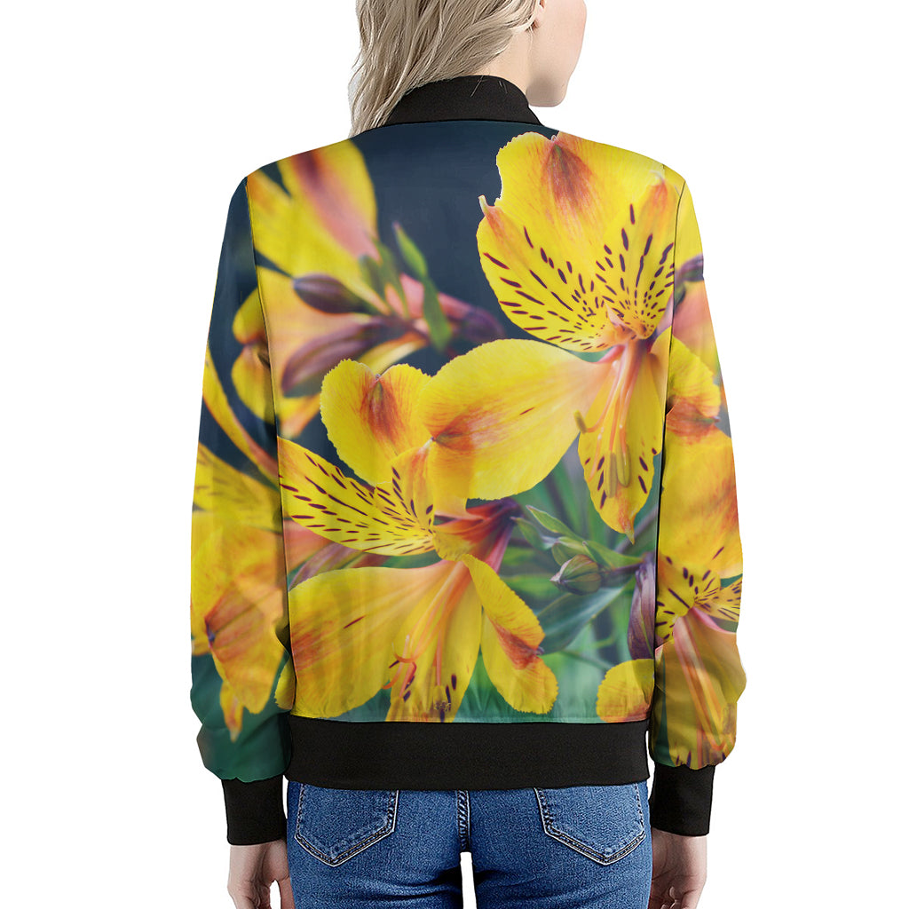 Yellow Alstroemeria Print Women's Bomber Jacket